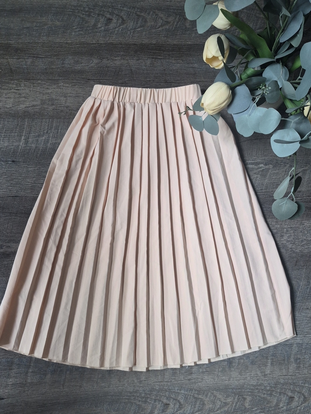 Girl's Baige Pleated Midi Skirt Elastic waist